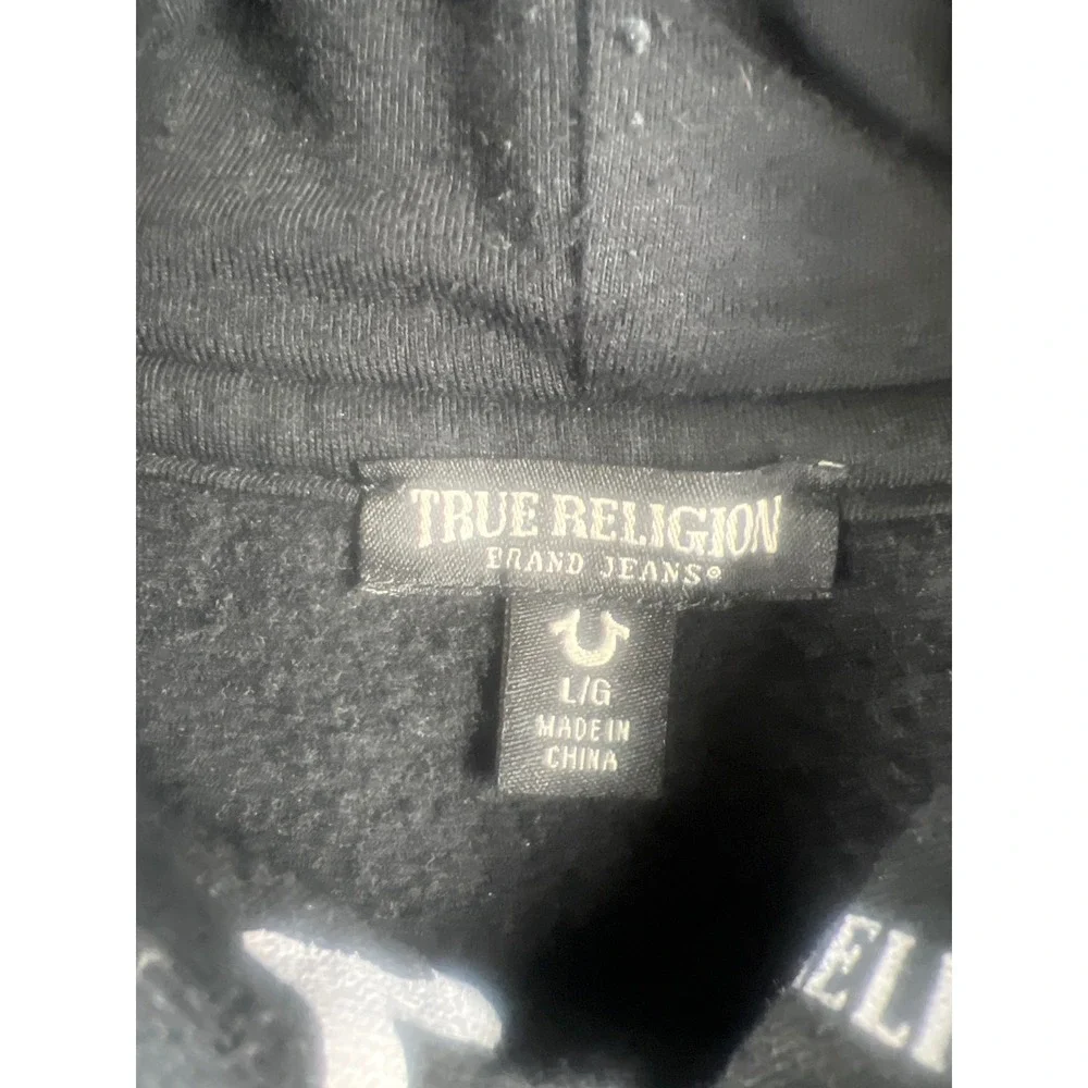 True Religion Mens Black White All Over Logo Print Pullover Hoodie Size Large